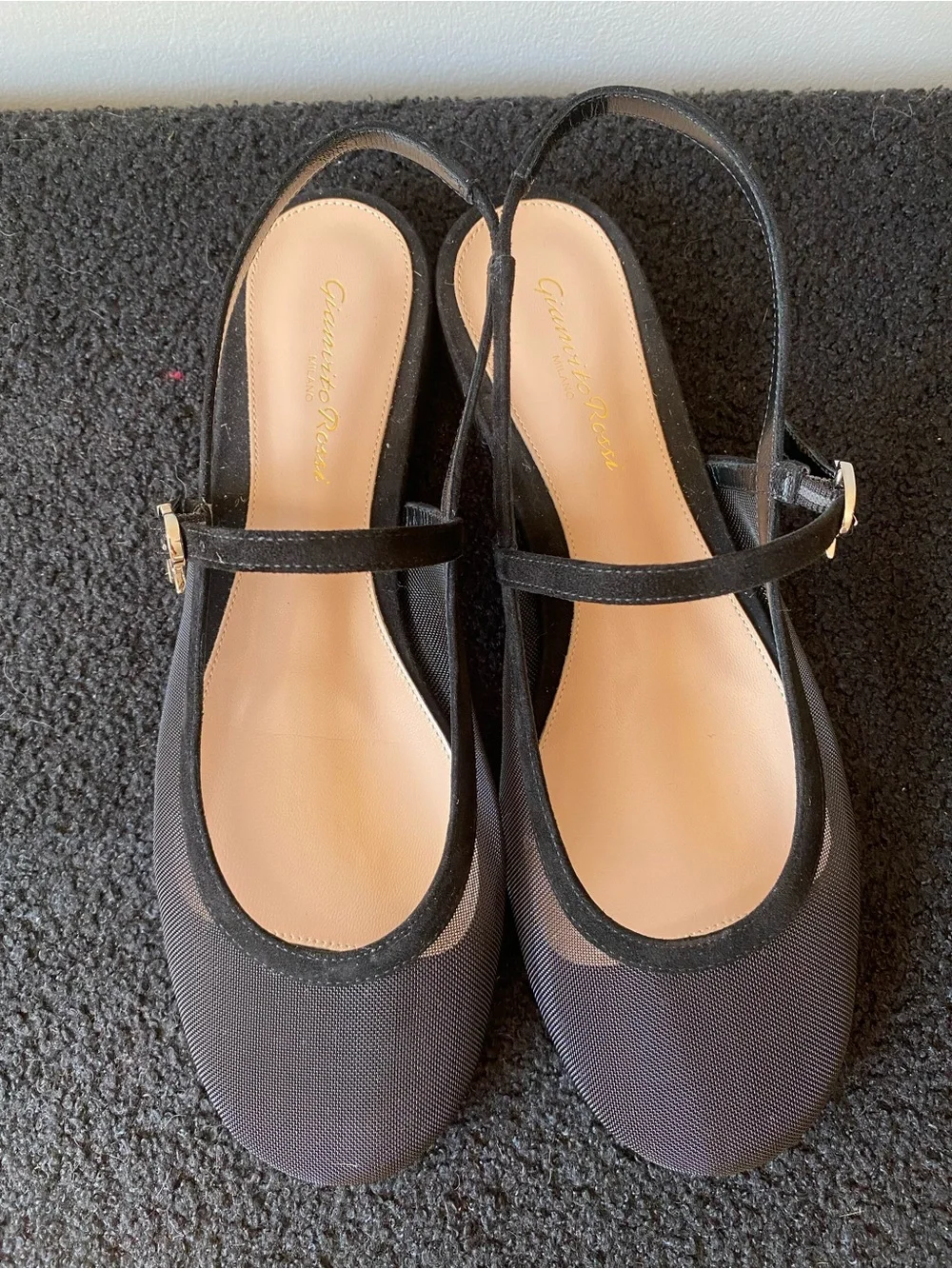 Gianvito Rossi Black Mesh Slingback Flats with Gold Buckle
